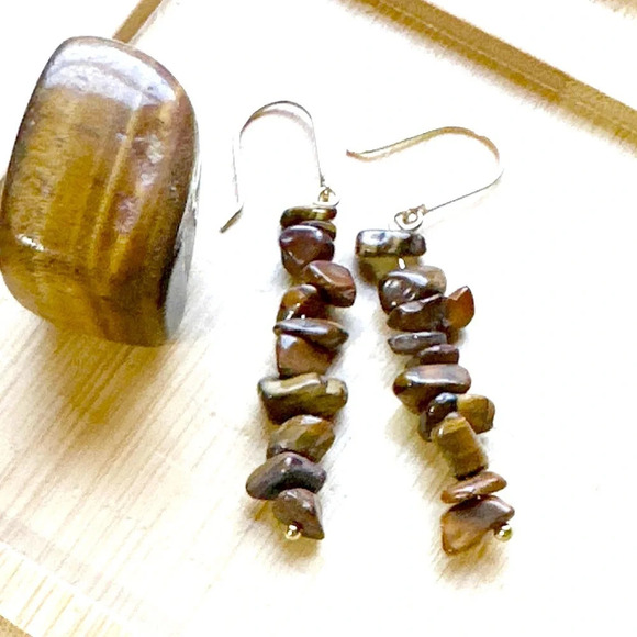 Tiger’s eye dangle long earrings/manifesting courage and protection crystal - Picture 1 of 5